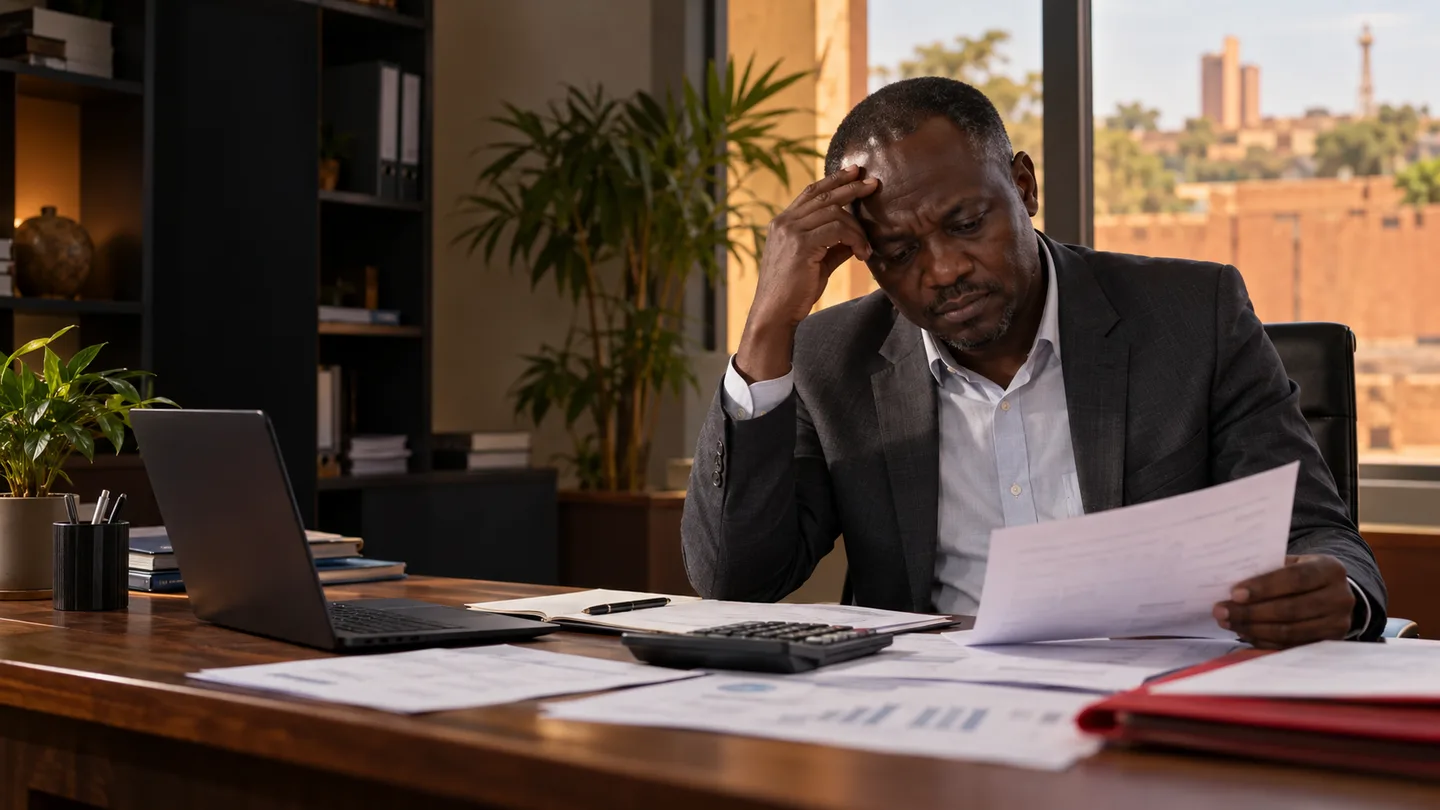 Scène fictive : un dirigeant burkinabè préoccupé examine ses comptes.